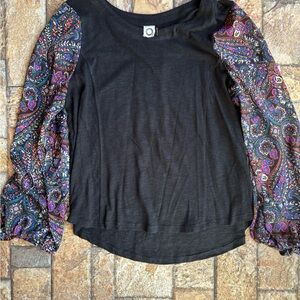 Anthropologie Black Top with Multicolor Paisley Sleeves
